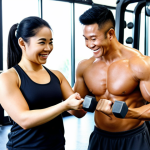 **

A Malaysian individual (male or female) smiles confidently while exercising with a personal trainer in a modern gym. The trainer is demonstrating proper form for a weightlifting exercise. The overall tone is motivational and focuses on personalized guidance.  Focus on the client looking determined and the trainer supportive.  Gym should have common equipment found in Malaysia.

**