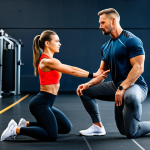 A professional female athlete in a modest, fully clothed, appropriate athletic outfit, performing dynamic lunges with perfect form, guided by a male certified fitness coach in a clean, brightly lit modern gymnasium. The coach is demonstrating proper technique. Professional dress, natural pose, perfect anatomy, correct proportions, well-formed hands, proper finger count, natural body proportions. Safe for work, appropriate content, fully clothed, professional, high quality, studio lighting, detailed, sharp focus.