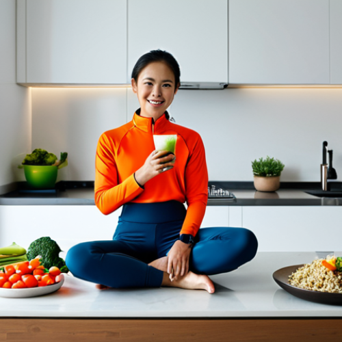 Home 31 A professional Malaysian female athlete in modest, active sportswear, sitting at a clean, modern kitchen island. She is enjoying a balanced post-workout meal consisting of grilled lean protein, brown rice, a colorful medley of steamed vegetables, and a glass of water. The setting emphasizes healthy eating and athletic recovery with bright, natural lighting. safe for work, appropriate content, fully clothed, professional, perfect anatomy, correct proportions, natural pose, well-formed hands, proper finger count, natural body proportions, high quality, studio photography.