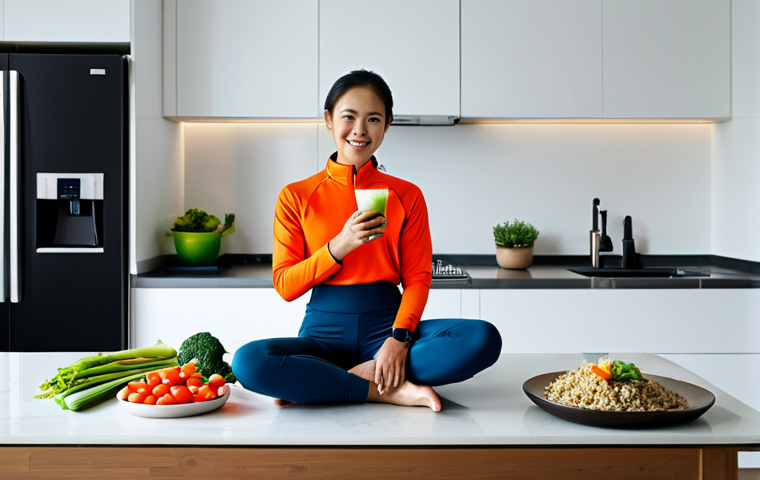 A professional Malaysian female athlete in modest, active sportswear, sitting at a clean, modern kitchen island. She is enjoying a balanced post-workout meal consisting of grilled lean protein, brown rice, a colorful medley of steamed vegetables, and a glass of water. The setting emphasizes healthy eating and athletic recovery with bright, natural lighting. safe for work, appropriate content, fully clothed, professional, perfect anatomy, correct proportions, natural pose, well-formed hands, proper finger count, natural body proportions, high quality, studio photography.