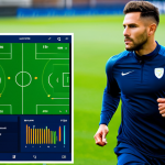 A professional male football player in a modest, dark blue training kit, actively running on a vibrant green football pitch. He is wearing a sleek, modern GPS vest and a smart watch on his wrist, subtly displaying digital performance metrics. In the background, a large digital screen shows abstract data visualizations related to player performance. The scene is set during bright daylight with clear skies, showcasing modern sports science in action. fully clothed, appropriate attire, safe for work, perfect anatomy, natural proportions, professional photography, high quality, well-formed hands, proper finger count, natural body proportions, appropriate content, professional, family-friendly.