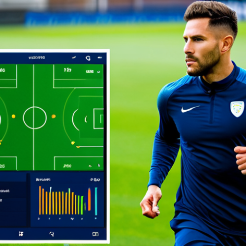 Home 30 A professional male football player in a modest, dark blue training kit, actively running on a vibrant green football pitch. He is wearing a sleek, modern GPS vest and a smart watch on his wrist, subtly displaying digital performance metrics. In the background, a large digital screen shows abstract data visualizations related to player performance. The scene is set during bright daylight with clear skies, showcasing modern sports science in action. fully clothed, appropriate attire, safe for work, perfect anatomy, natural proportions, professional photography, high quality, well-formed hands, proper finger count, natural body proportions, appropriate content, professional, family-friendly.