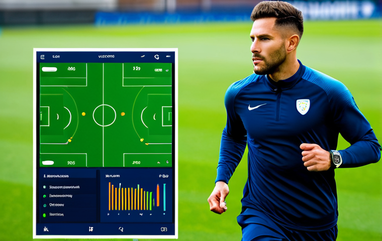 A professional male football player in a modest, dark blue training kit, actively running on a vibrant green football pitch. He is wearing a sleek, modern GPS vest and a smart watch on his wrist, subtly displaying digital performance metrics. In the background, a large digital screen shows abstract data visualizations related to player performance. The scene is set during bright daylight with clear skies, showcasing modern sports science in action. fully clothed, appropriate attire, safe for work, perfect anatomy, natural proportions, professional photography, high quality, well-formed hands, proper finger count, natural body proportions, appropriate content, professional, family-friendly.
