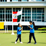 Integrated PE & Science**

A diverse group of Malaysian school students, fully clothed in appropriate PE attire, participating in a sports science experiment outdoors on a sunny school field. One student uses a tablet to record data while others perform a simple jump test. A teacher in modest clothing observes. Background includes school buildings and Malaysian flags. Safe for work, appropriate content, family-friendly, perfect anatomy, correct proportions, natural pose, professional photography, high quality.

**
