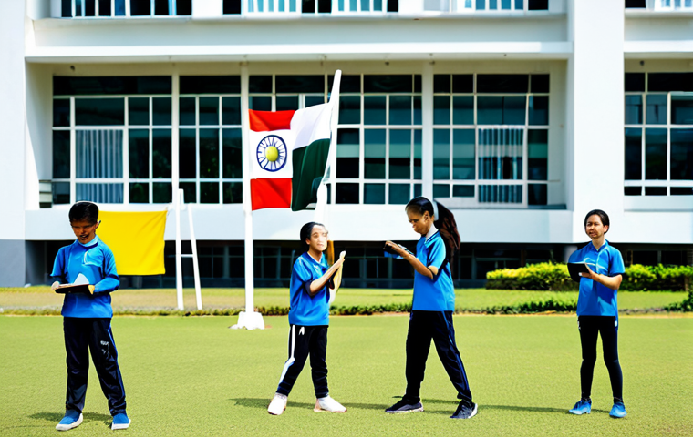 Integrated PE & Science**
A diverse group of Malaysian school students, fully clothed in appropriate PE attire, participating in a sports science experiment outdoors on a sunny school field. One student uses a tablet to record data while others perform a simple jump test. A teacher in modest clothing observes. Background includes school buildings and Malaysian flags. Safe for work, appropriate content, family-friendly, perfect anatomy, correct proportions, natural pose, professional photography, high quality.
**